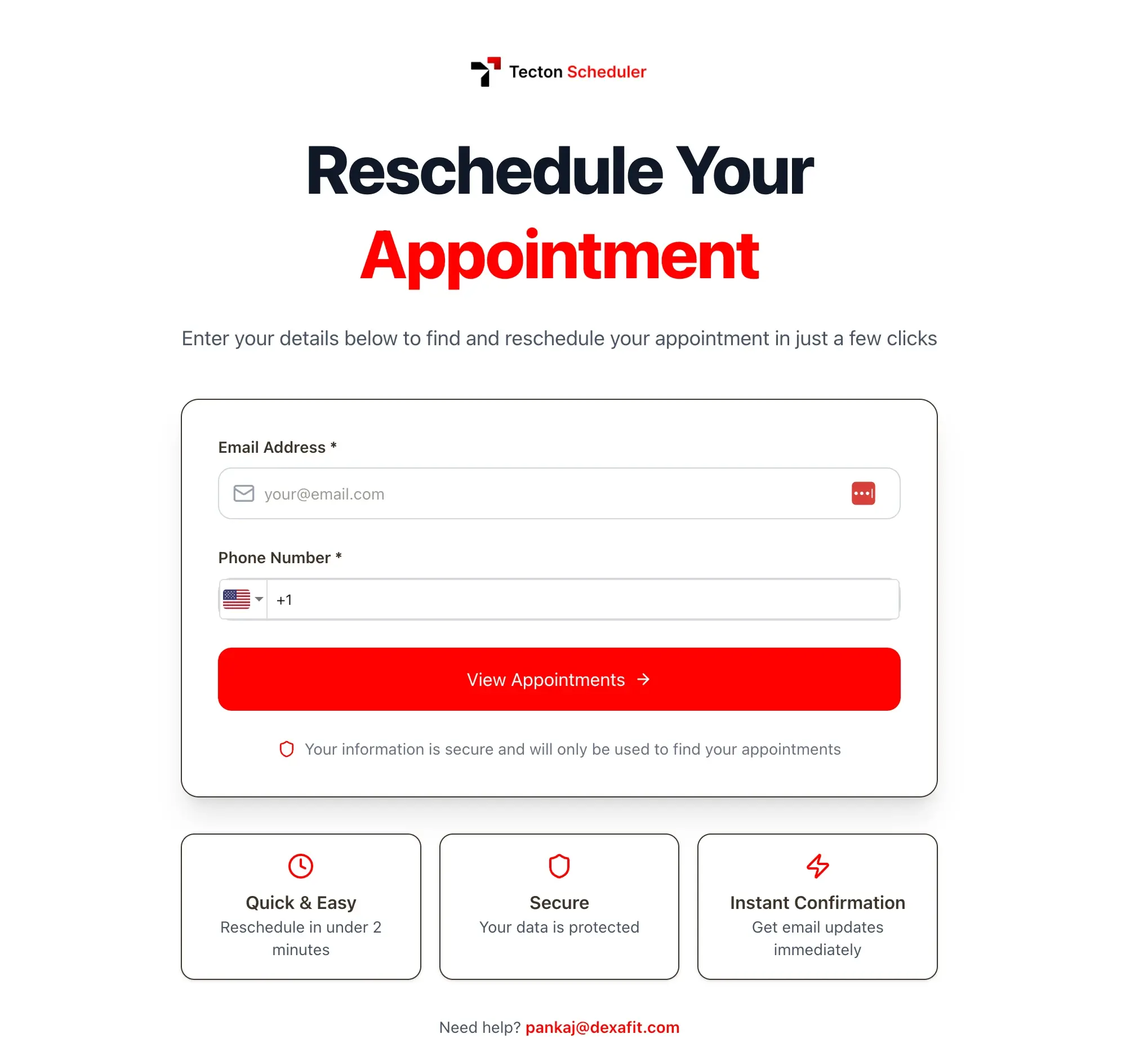 Public self-serve reschedule page asking for email and phone number