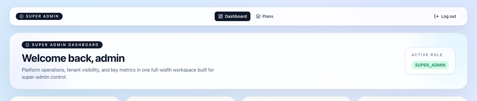 Super admin dashboard header with active tenants, MRR and reschedule metrics